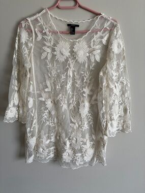 Forever 21 Ivory Floral Sheer Embroidered Tunic Top